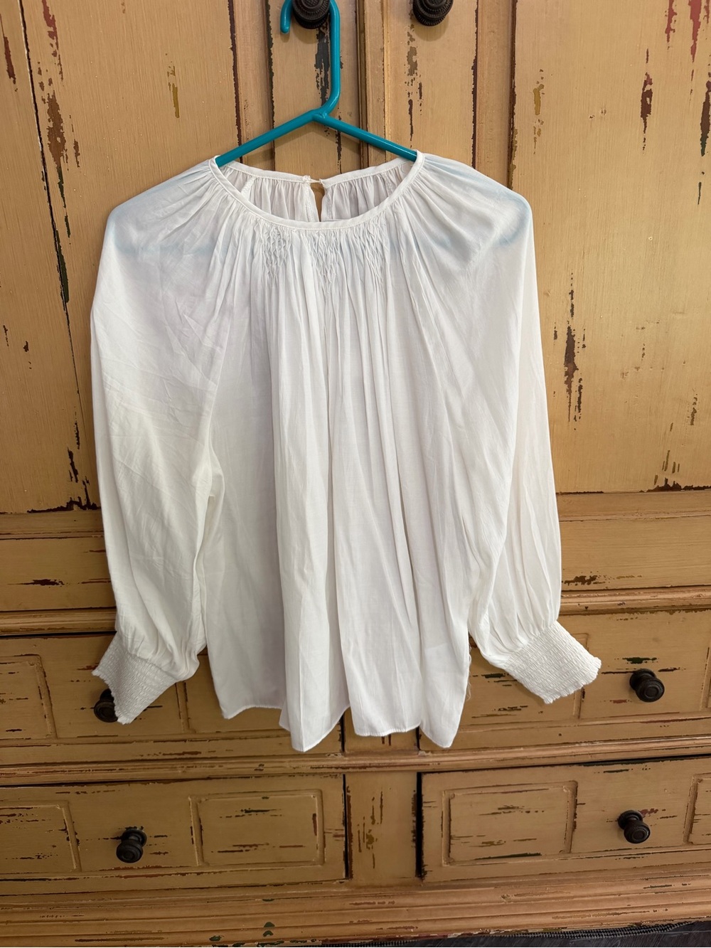 White Blouse with Smocked Cuffs - Women Tops